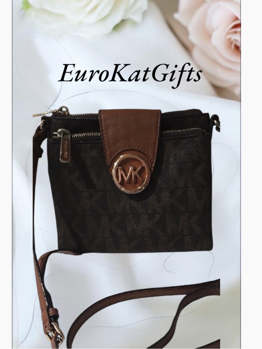 Michael Kors Brown Logo MK Round Medallion Crossbody Bag pre loved size 7.5”x7”